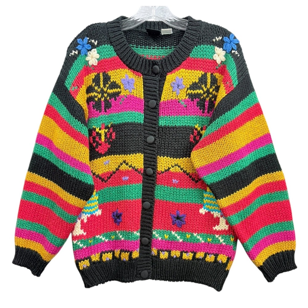 Vintage HDI Designers Women's 80s Multi Color Floral Knit Cardigan Sweater M